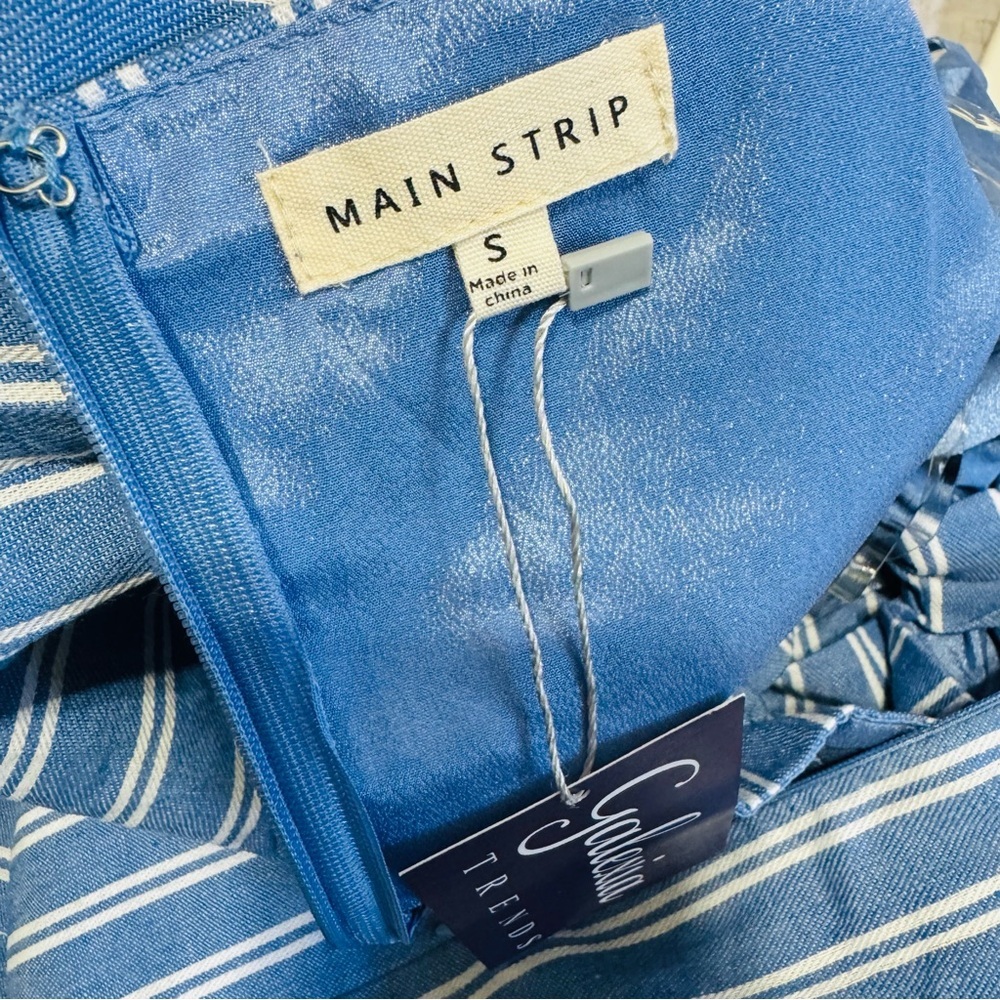 Main Strip Blue Striped Mini Yacht Cut Out Fit and Flare Dress with Pockets Sz S - Picture 14 of 16
